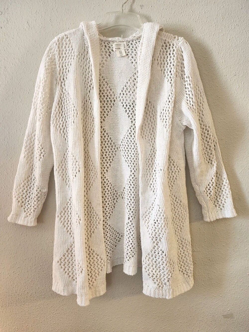 Nicole Miller Artelier Womens XL Cream Diamond Crochet Knit Hooded Cardigan Boho